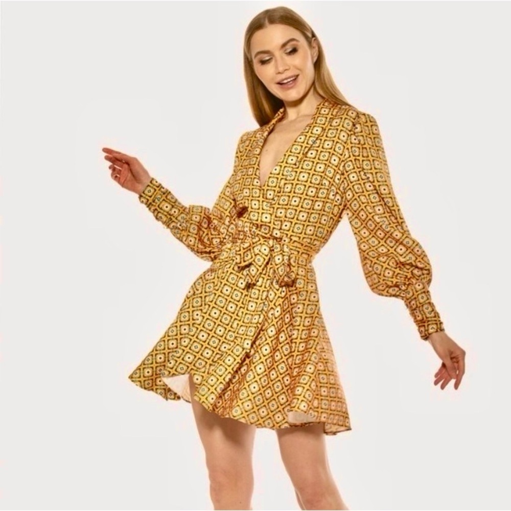 Alexia Admor Phoebe Wrap Dress Mustard Geo Print Size 10 Like New